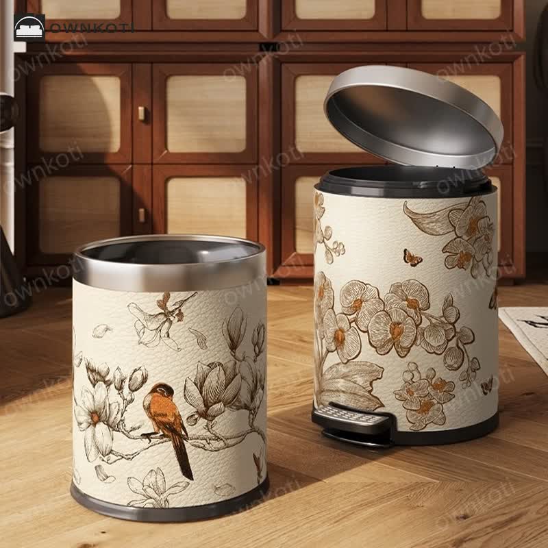 Luxurious Leather Floral Bird Durable Trash Can