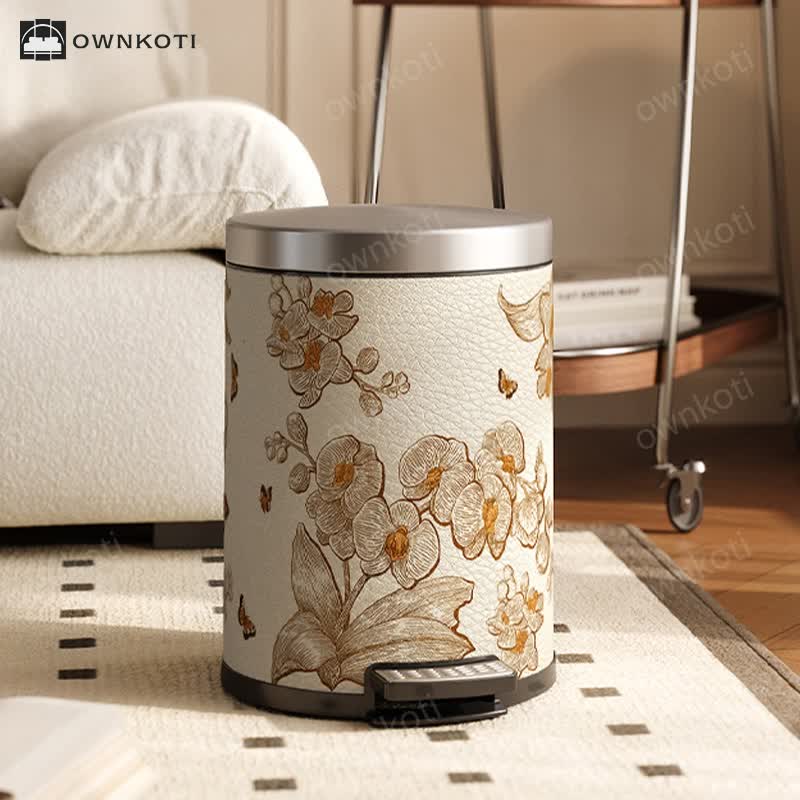 Luxurious Leather Floral Bird Durable Trash Can