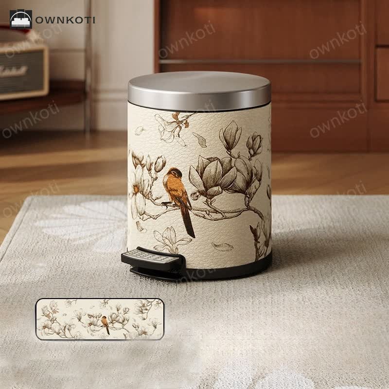 Luxurious Leather Floral Bird Durable Trash Can