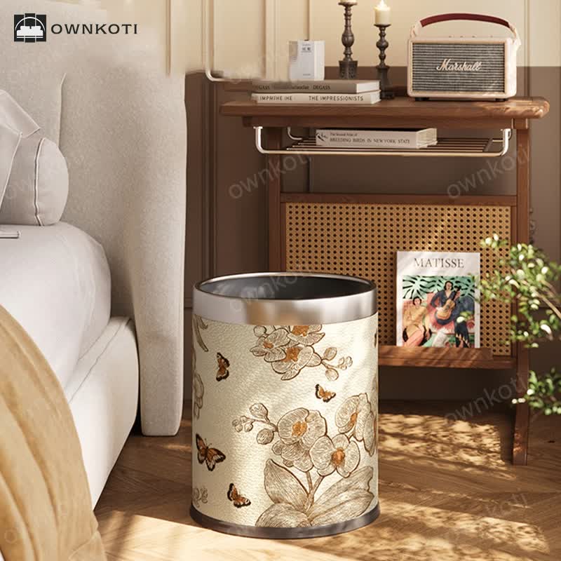 Luxurious Leather Floral Bird Durable Trash Can