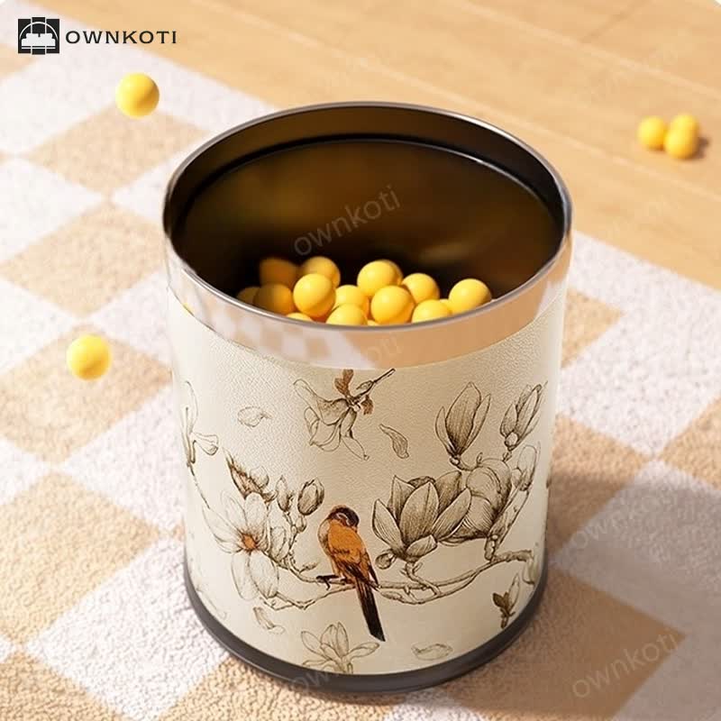 Luxurious Leather Floral Bird Durable Trash Can