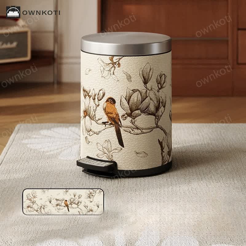 Luxurious Leather Floral Bird Durable Trash Can