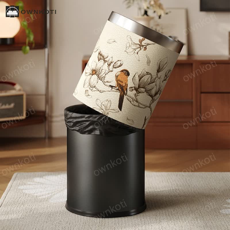 Luxurious Leather Floral Bird Durable Trash Can