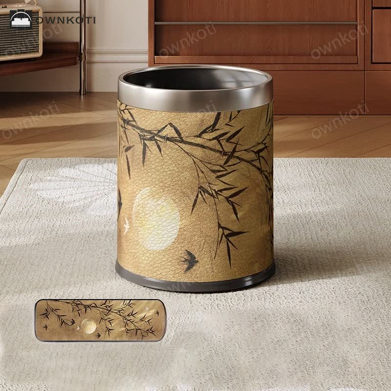 Vintage Bamboo Leather Durable Trash Can