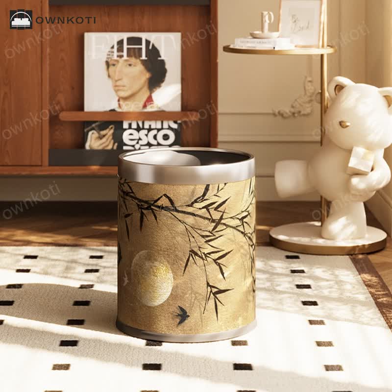 Vintage Bamboo Leather Durable Trash Can