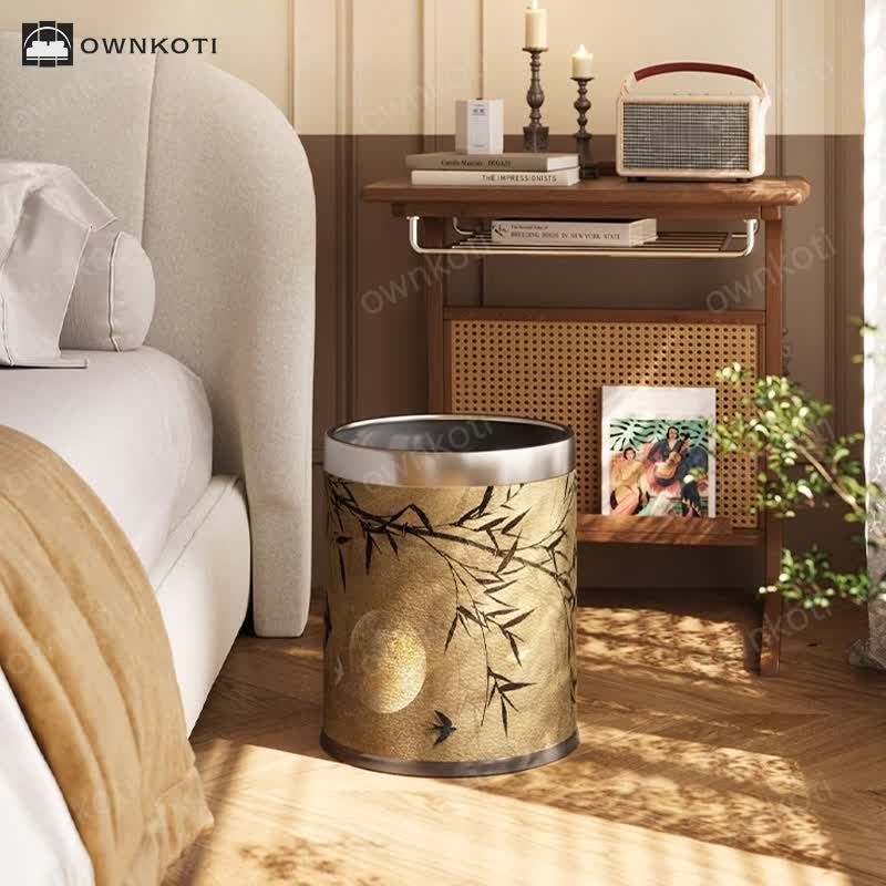 Vintage Bamboo Leather Durable Trash Can