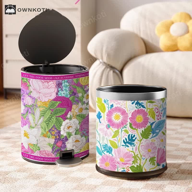 Blooming Flower Doubl Barrel Leather Trash Bin