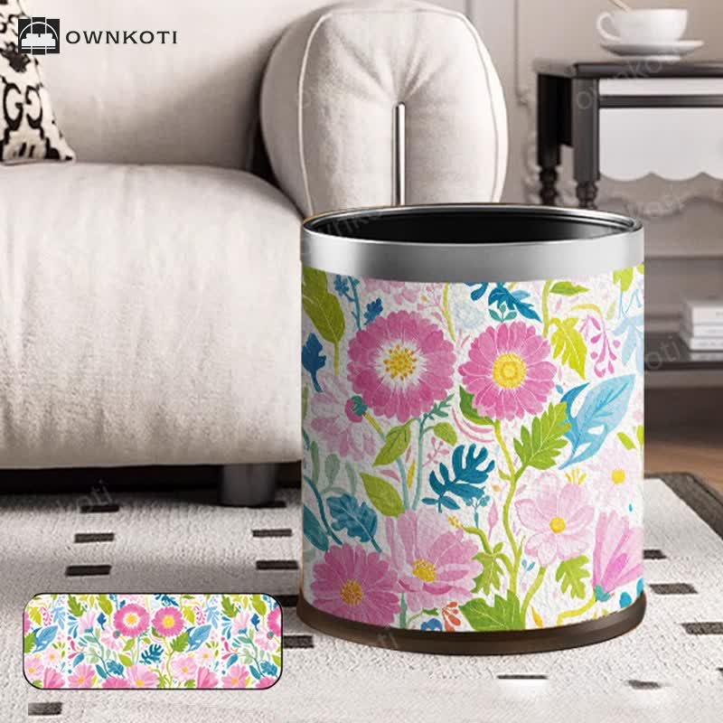 Blooming Flower Doubl Barrel Leather Trash Bin