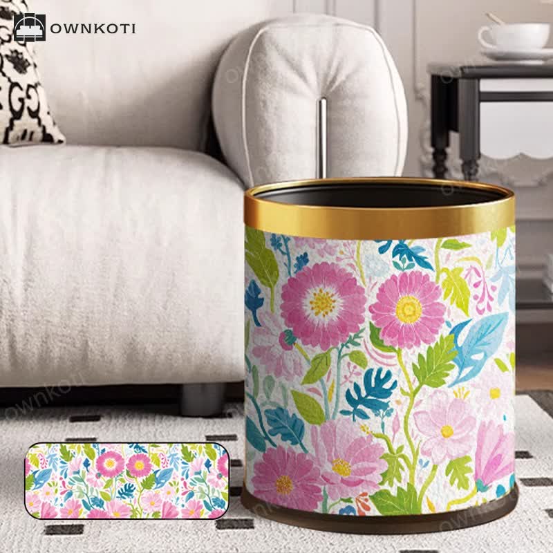 Blooming Flower Doubl Barrel Leather Trash Bin