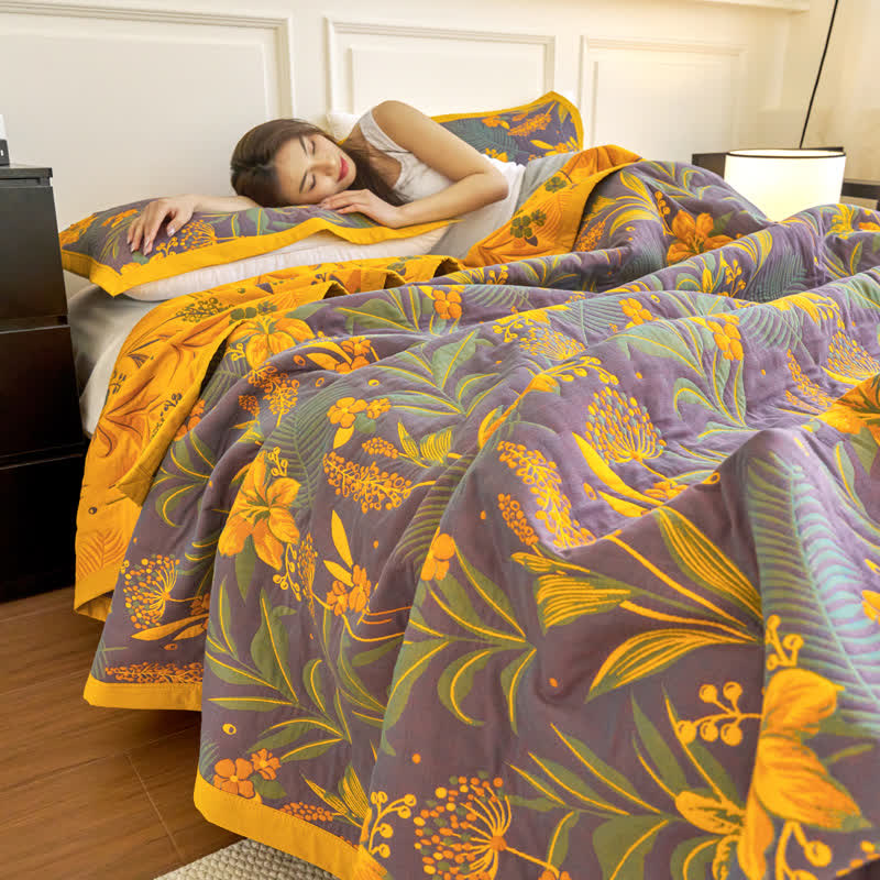 Three Layer Cotton Gauze Comfy Floral Blanket