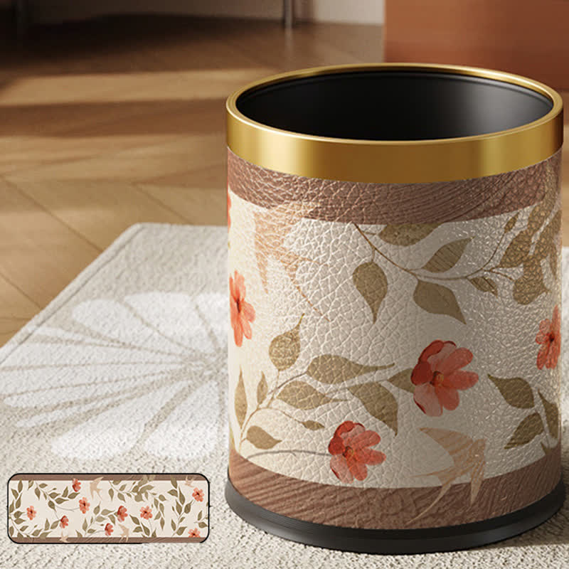 Floral Bird Luxurious Leather Trash Bin