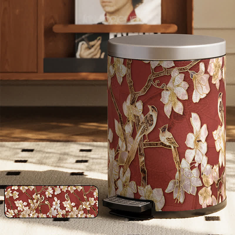 Floral Bird Luxurious Leather Trash Bin