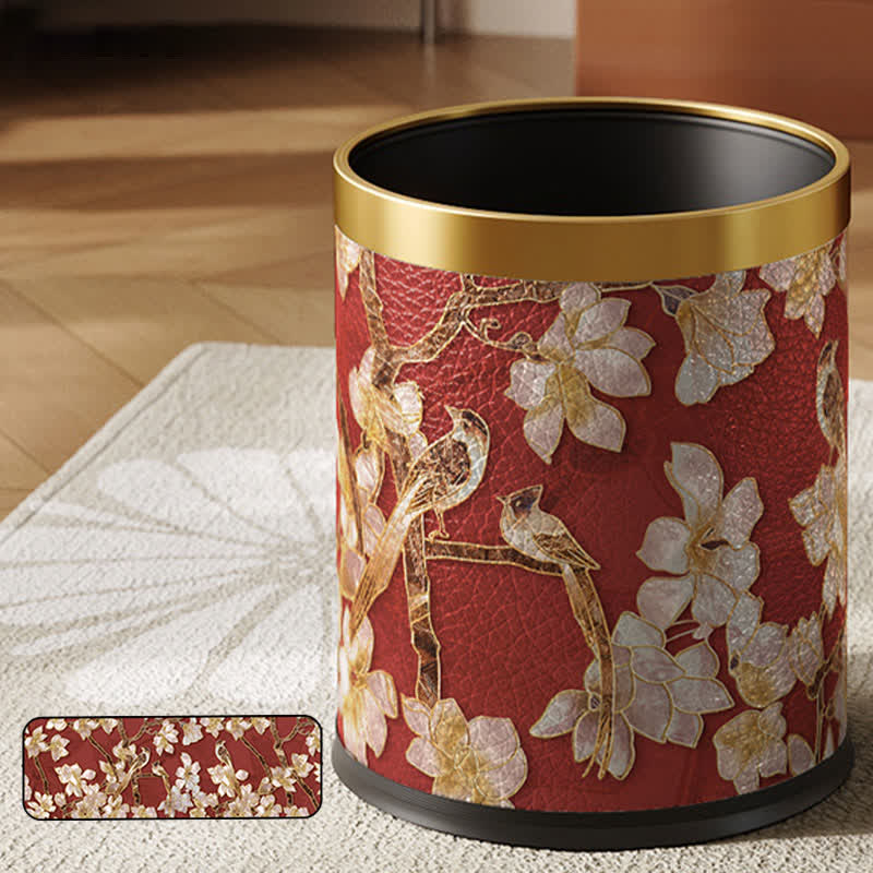 Floral Bird Luxurious Leather Trash Bin