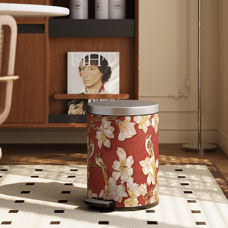 Floral Bird Luxurious Leather Trash Bin
