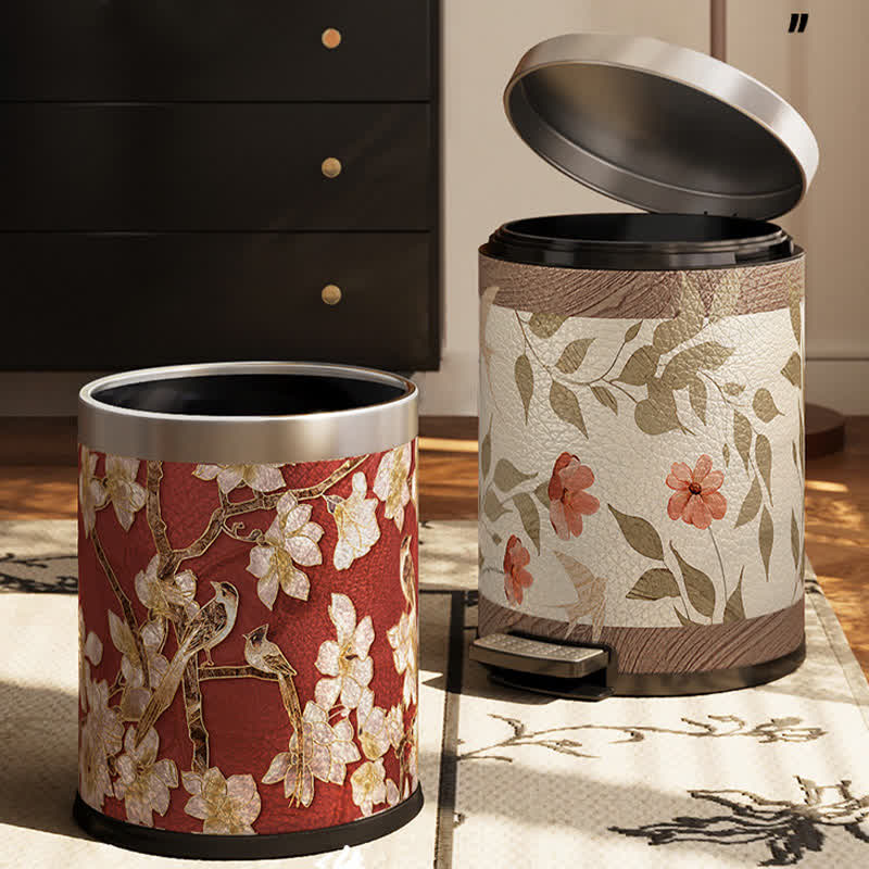 Floral Bird Luxurious Leather Trash Bin