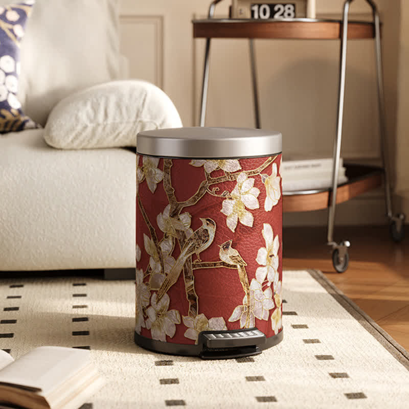 Floral Bird Luxurious Leather Trash Bin