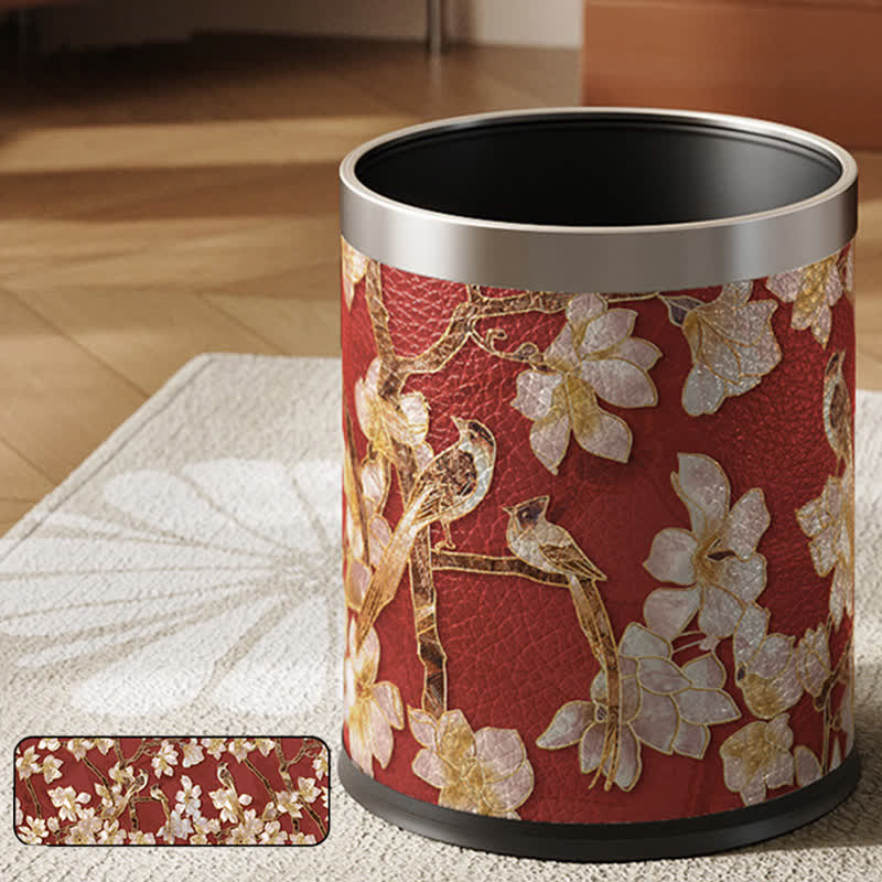 Floral Bird Luxurious Leather Trash Bin