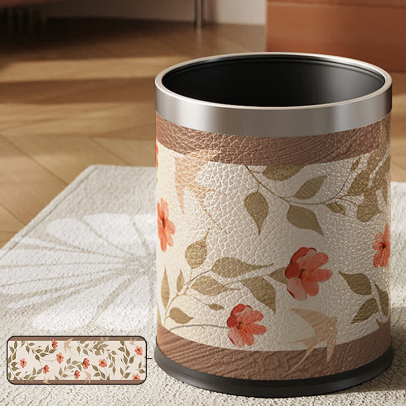 Floral Bird Luxurious Leather Trash Bin