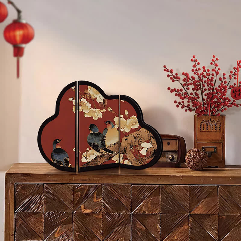 Cloud-shaped Floral Bird Foldable Screen Ornament