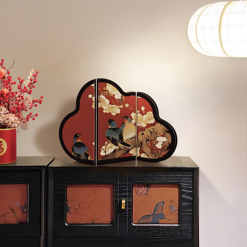Cloud-shaped Floral Bird Foldable Screen Ornament