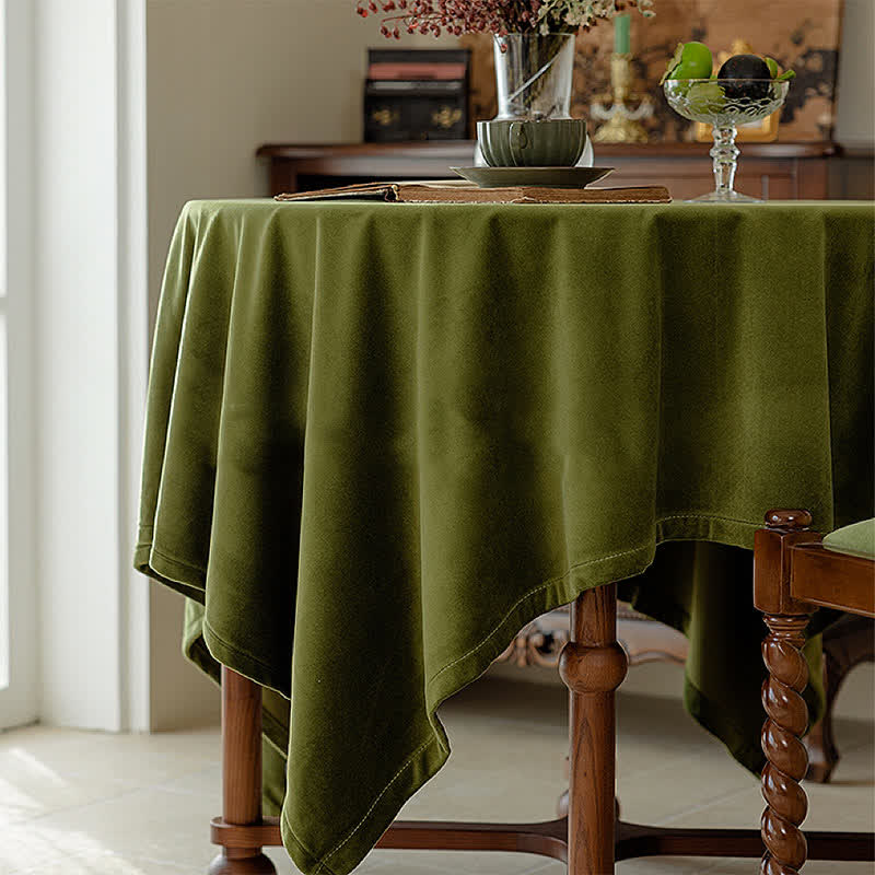 French Vintage Olive Green Velvet Tablecloth