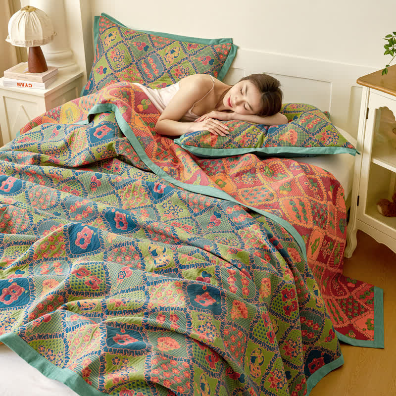 Bear Floral Diamond Patchwork Cotton Quilt