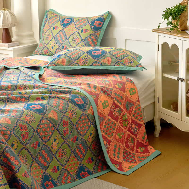 Bear Floral Diamond Patchwork Cotton Quilt