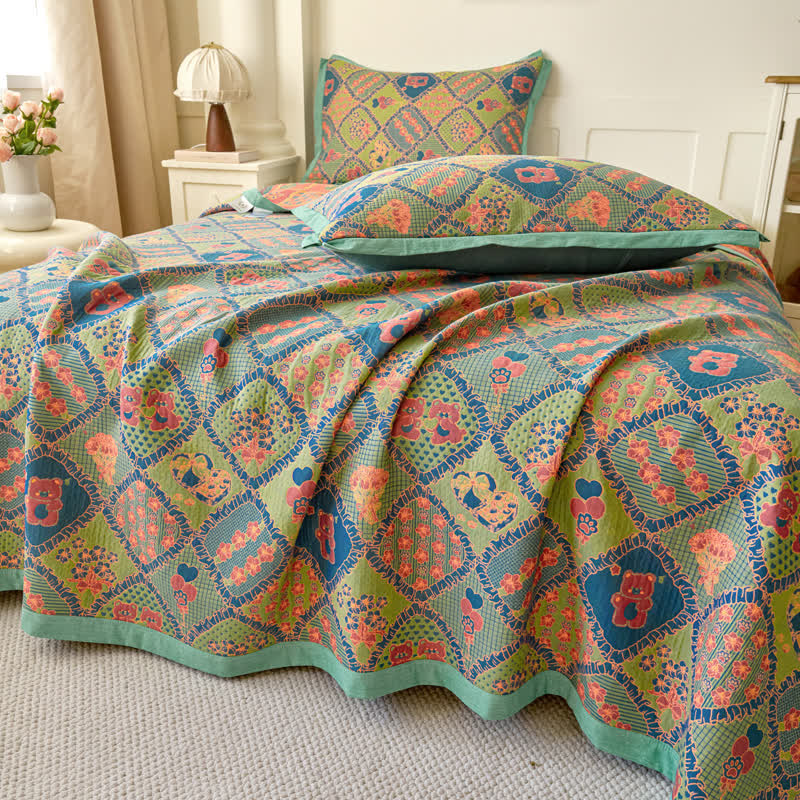 Bear Floral Diamond Patchwork Cotton Quilt