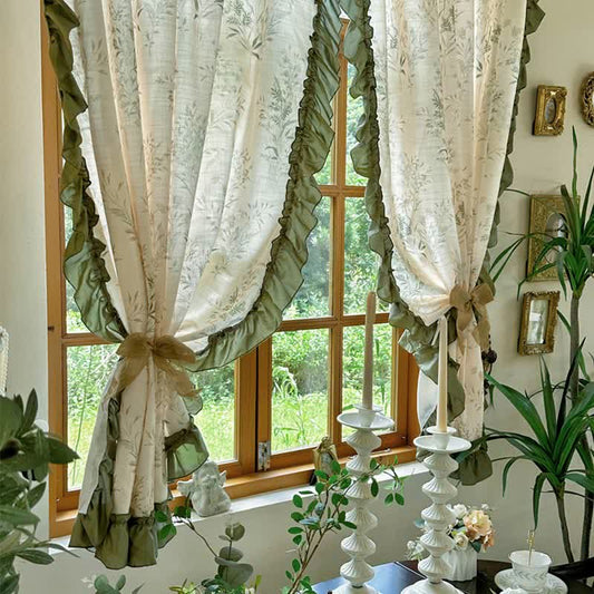 Rustic Style Semi-Blackout Bamboo Printed Ruffle Curtain