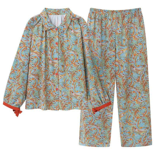 Orange Red Line Print Long Sleeve Loungewear Set