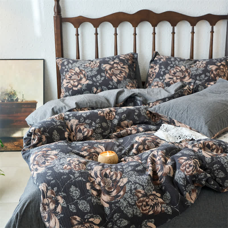 Retro Cotton Gauze Jacquard Floral Bedding Set(4PCS)