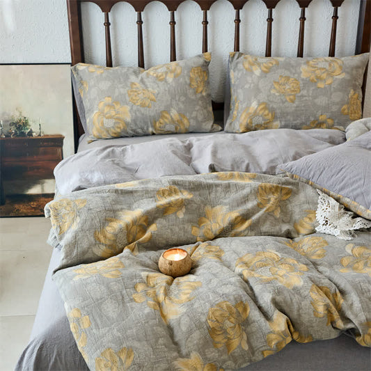 Cotton Gauze Neutral Floral Bedding Set(4PCS)