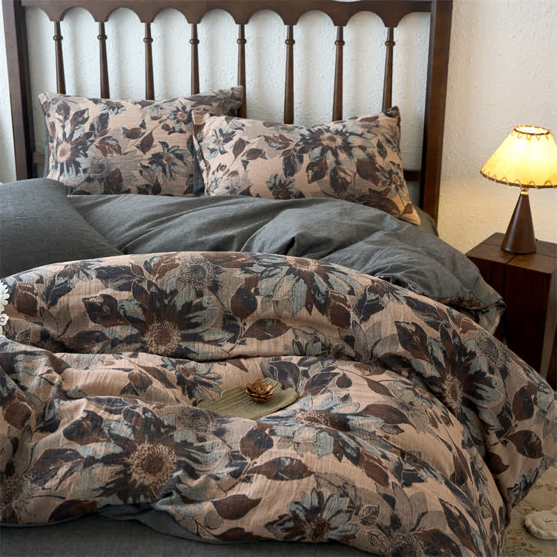 Yarn-dyed Gauze Jacquard Floral Cotton Bedding Set (4PCS)