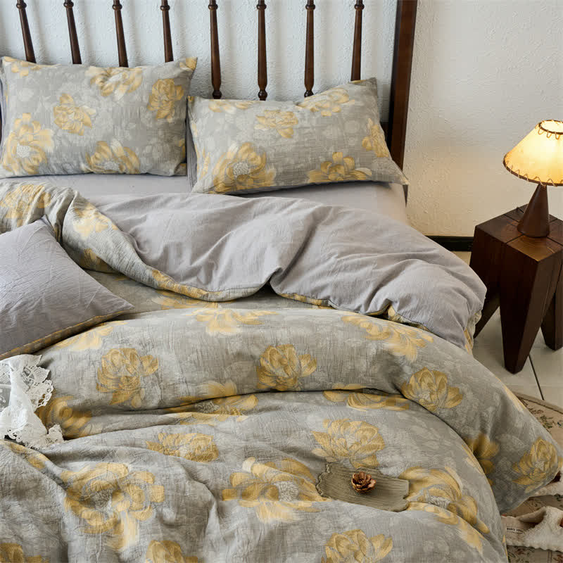 Cotton Gauze Neutral Floral Bedding Set(4PCS)