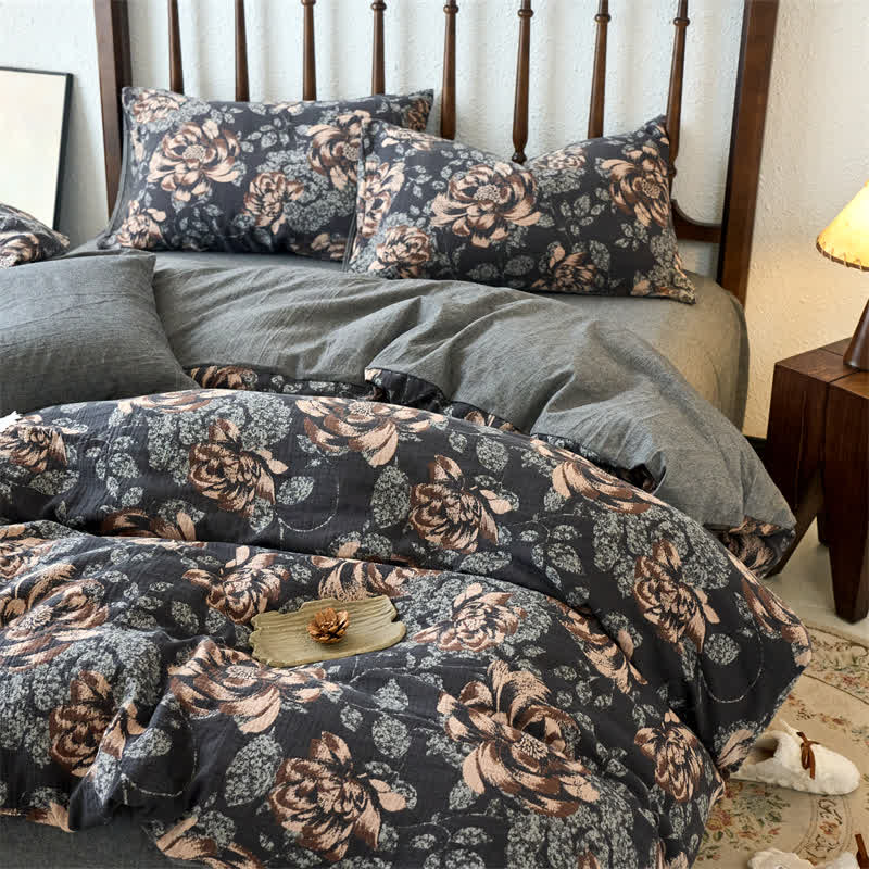 Retro Cotton Gauze Jacquard Floral Bedding Set(4PCS)
