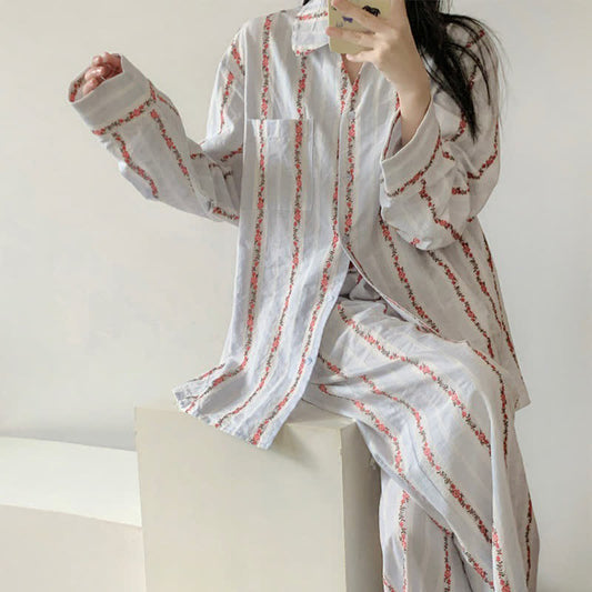Plus Size Vintage Floral Stripe Loungewear Set