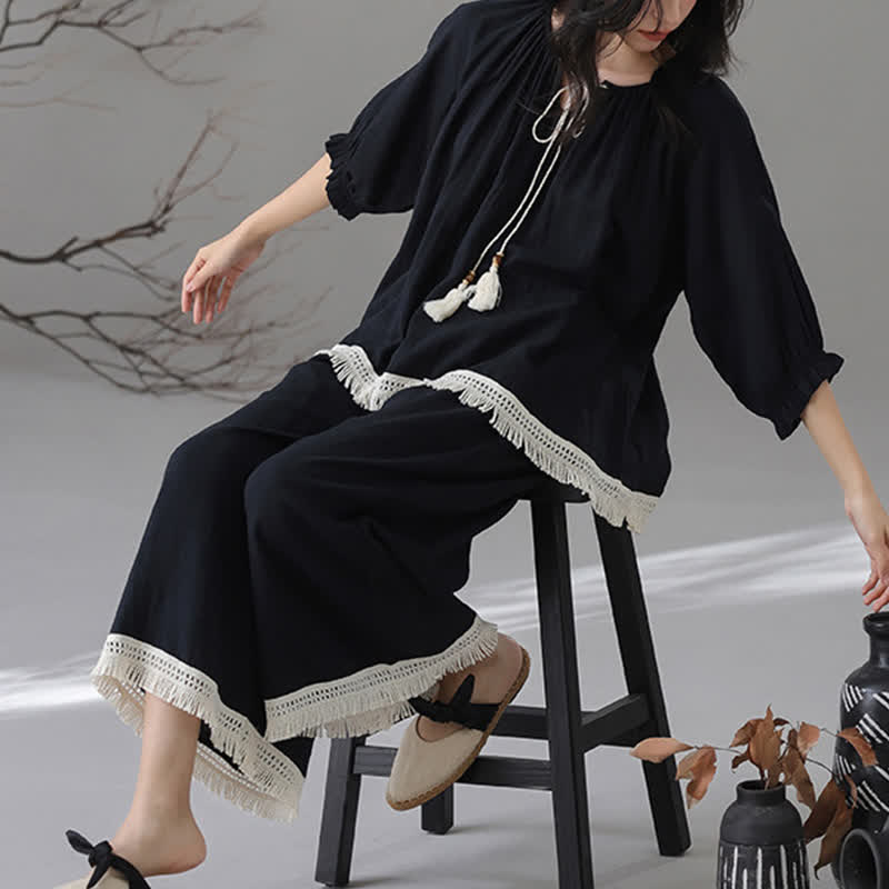 Loose Bamboo Cotton Tassel Loungewear Set