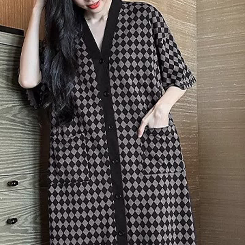 V-neck Plaid Modal Loose Buttoned Nightdress