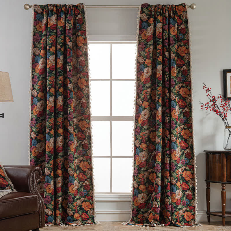 Jacquard Floral Semi-Blackout Tassel Curtain