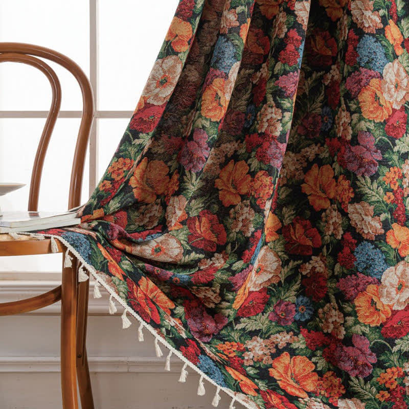Jacquard Floral Semi-Blackout Tassel Curtain