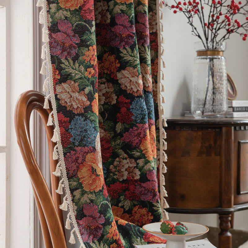 Jacquard Floral Semi-Blackout Tassel Curtain
