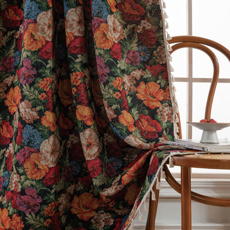 Jacquard Floral Semi-Blackout Tassel Curtain