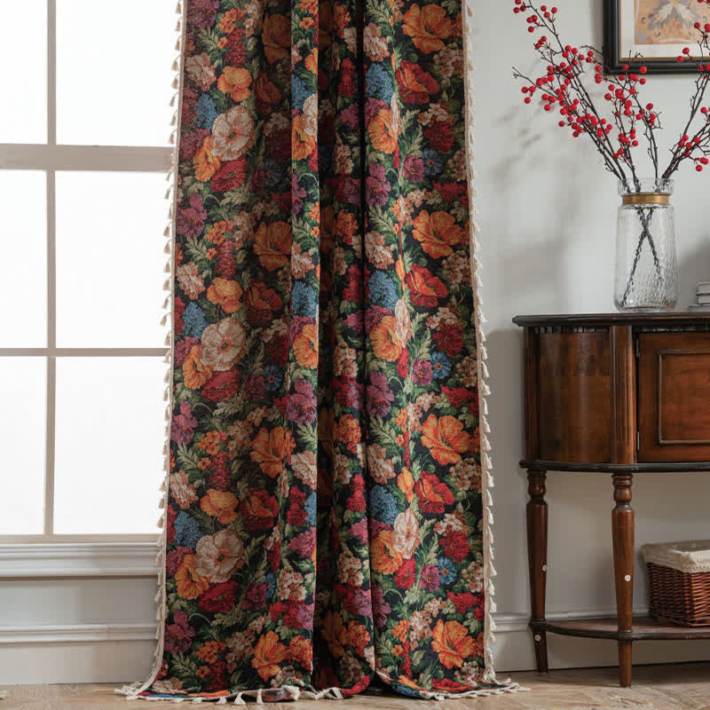 Jacquard Floral Semi-Blackout Tassel Curtain