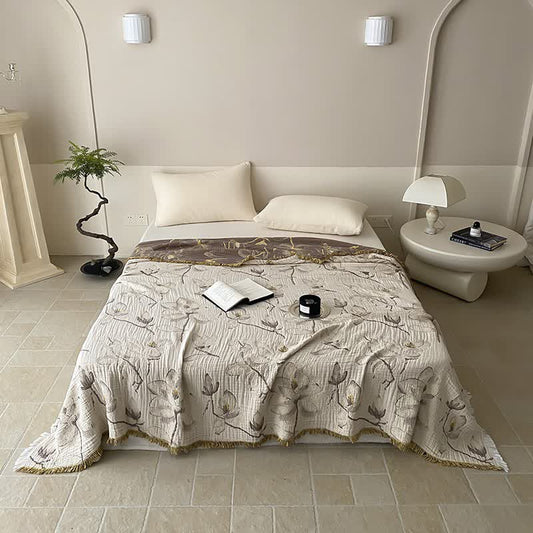 Retro Reversible Cotton Gauze Tassel Quilt