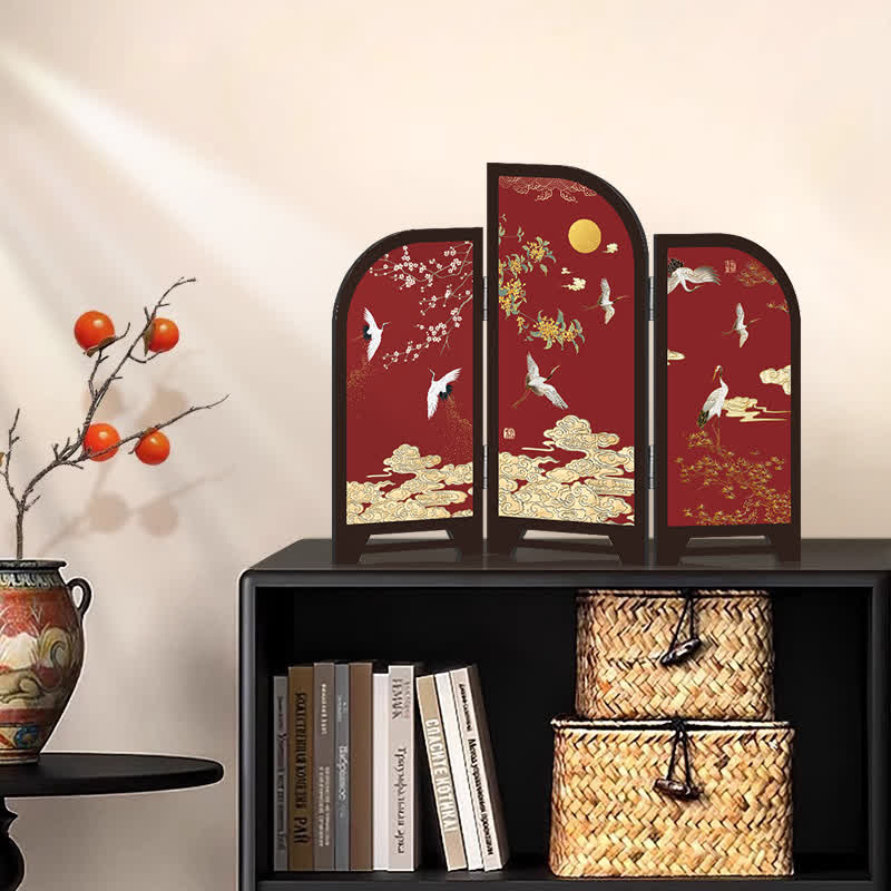 Dancing Crane Foldable Screen Wooden Ornament