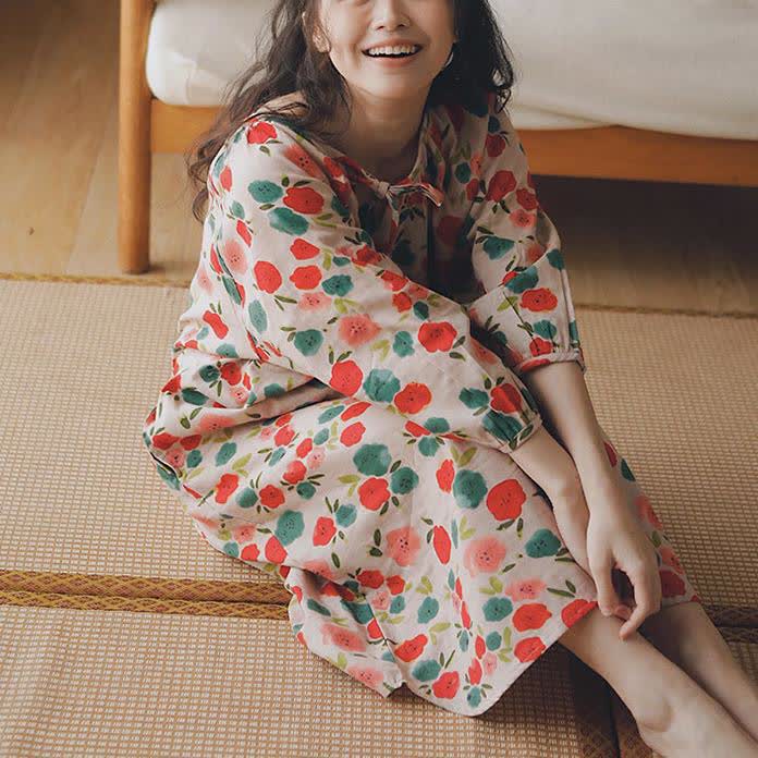 Round-neck Cotton Gauze Elegant Floral Nightdress