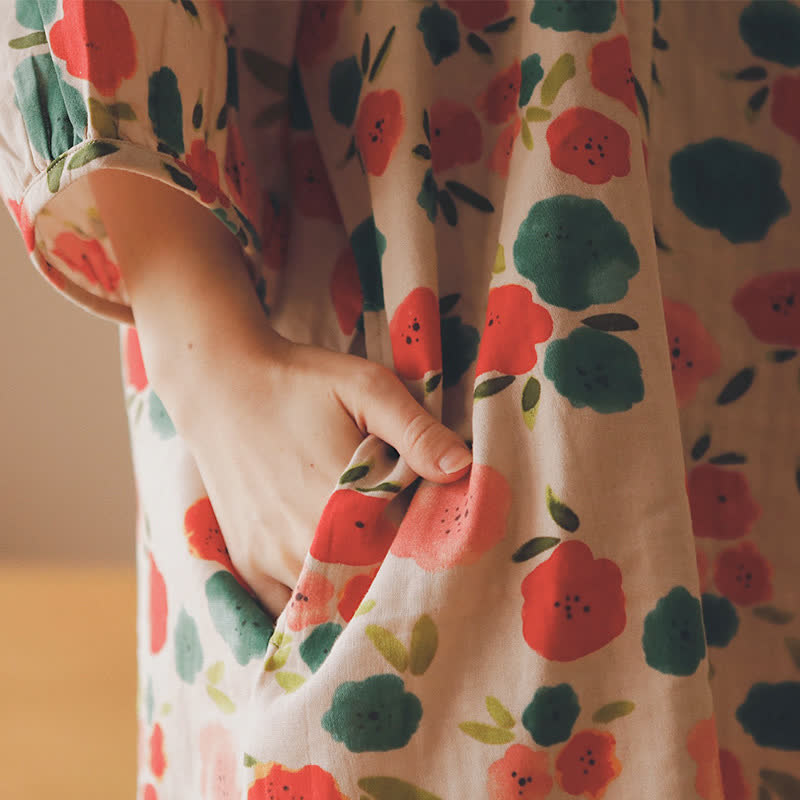 Round-neck Cotton Gauze Elegant Floral Nightdress
