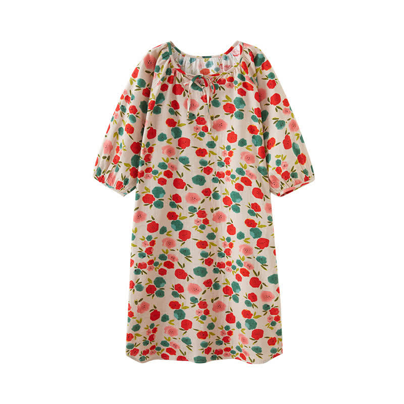 Round-neck Cotton Gauze Elegant Floral Nightdress