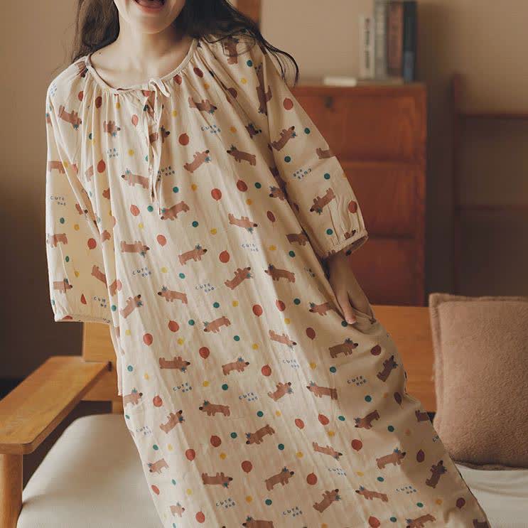 Cute Dog Cotton Gauze Comfy Nightdress