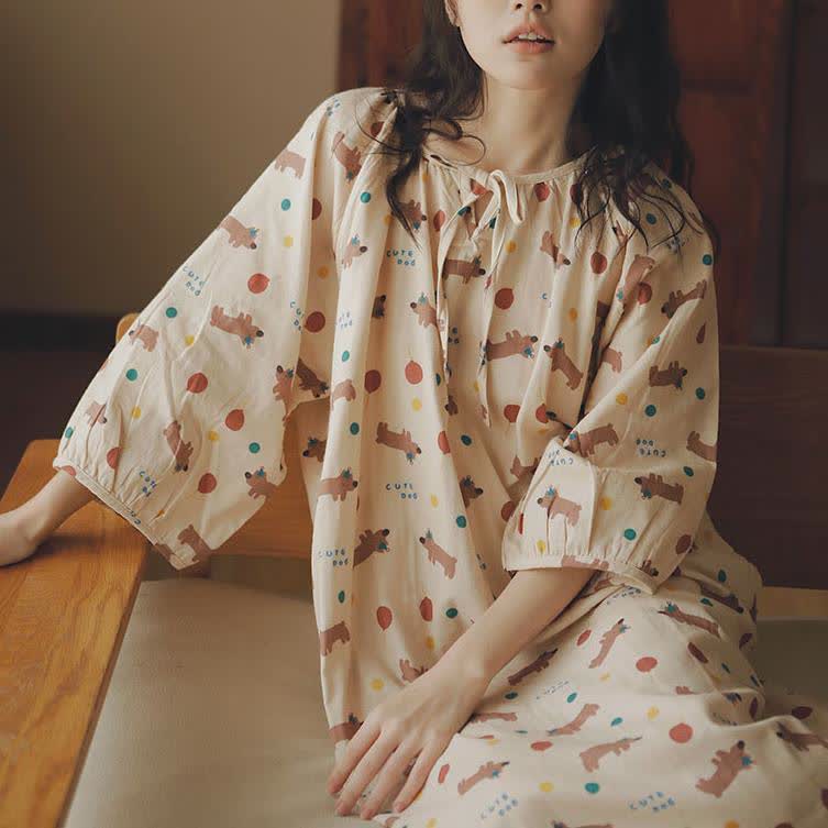 Cute Dog Cotton Gauze Comfy Nightdress